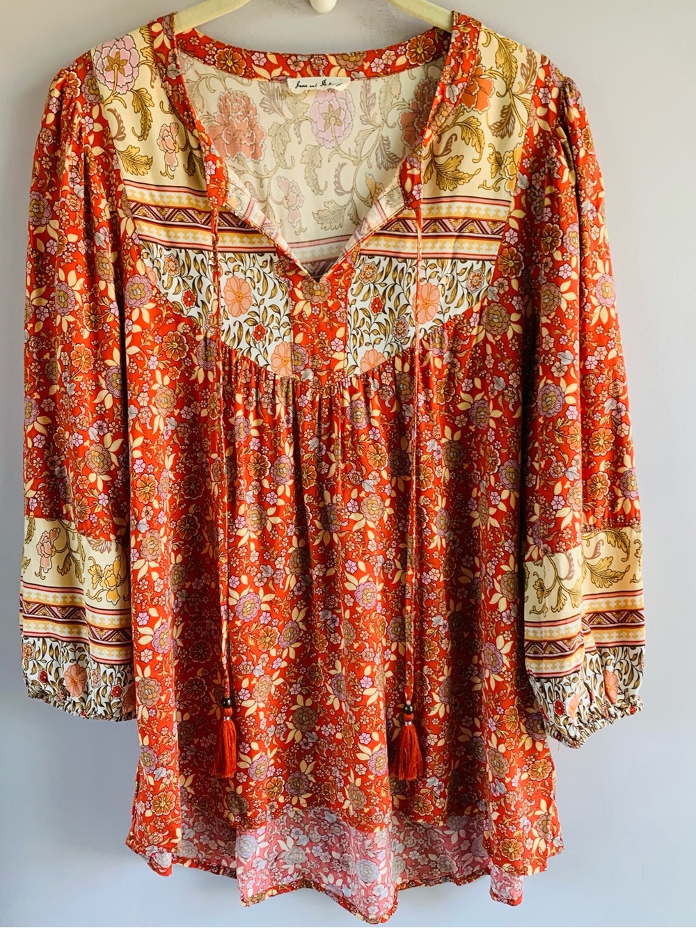 Jane & Delancey Peasant Blouse Orange Floral Paisley Boho Tassels EUC Small